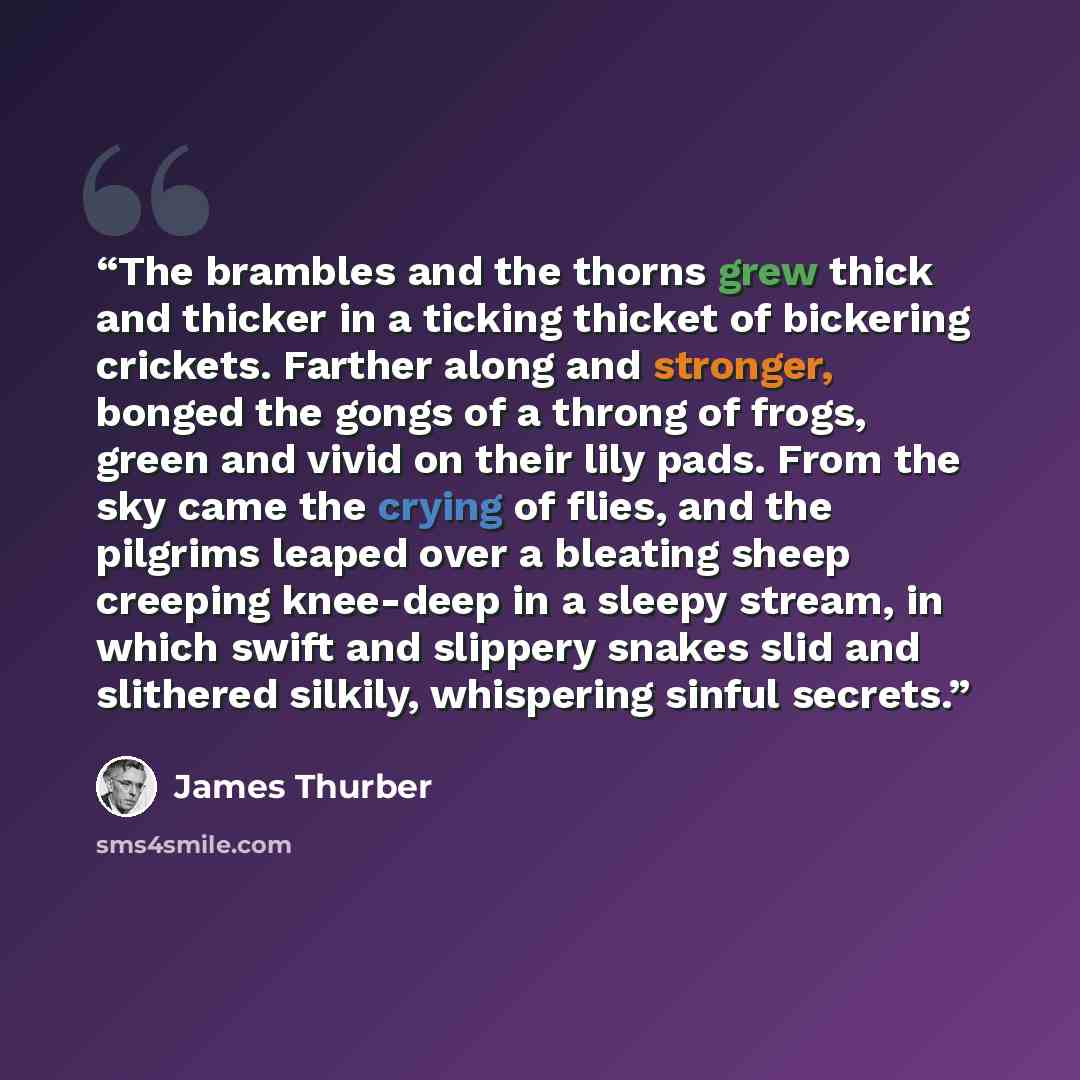 “The brambles and the thorns grew thick and thicker in a ticking thicket of bickering crickets. Farther along and stronger, bonged the gongs of a throng of frogs, green and vivid on their lily pads. From the sky came the crying of flies, and the pilgrims leaped over a bleating sheep creeping…” quote by James Thurber