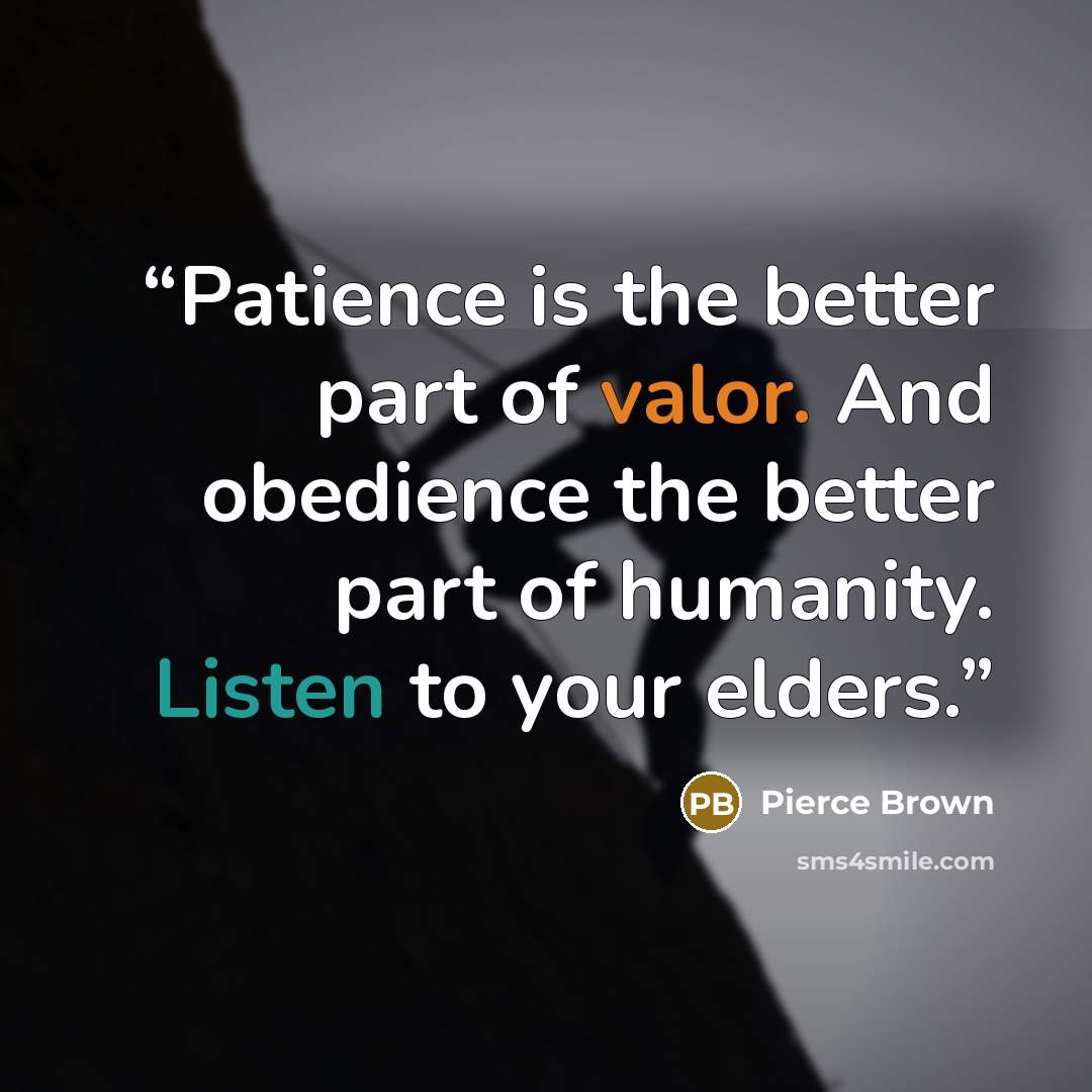 “Patience is the better part of valor. And obedience the better part of humanity. Listen to your elders.” quote by Pierce Brown