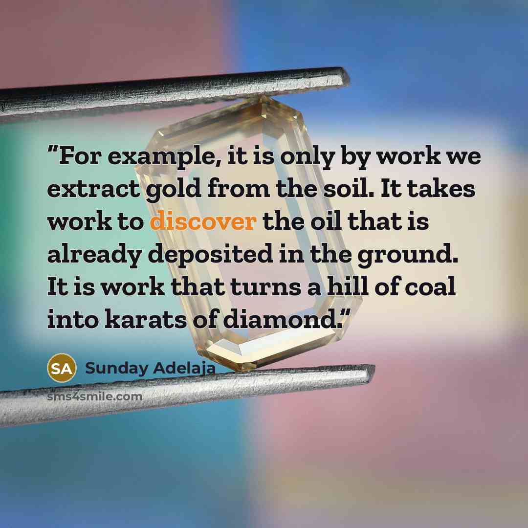 “For example, it is only by work we extract gold from the soil. It takes work to discover the oil that is already deposited in the ground. It is work that turns a hill of coal into karats of diamond.” quote by Sunday Adelaja