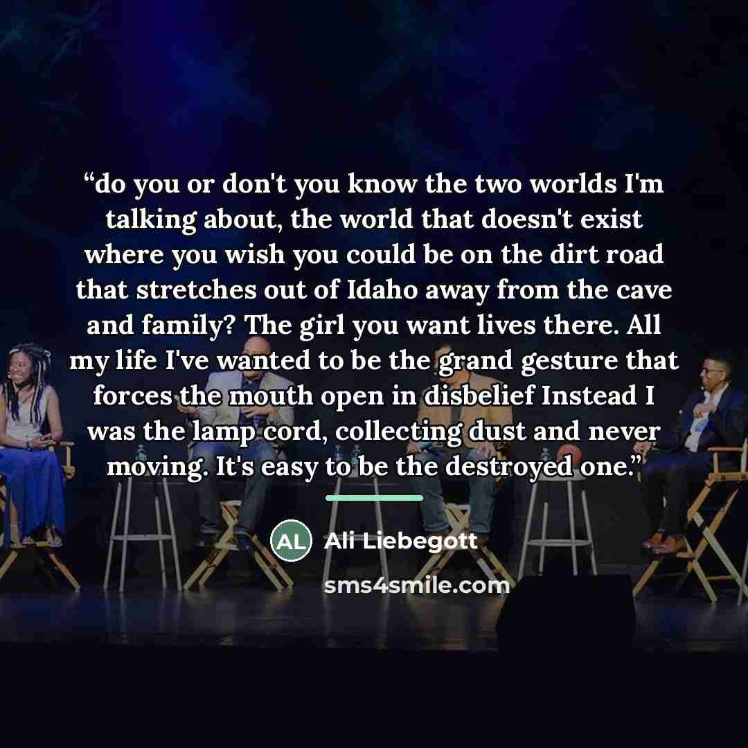 “do you or don't you know the two worlds I'm talking about, the world that doesn't exist where you wish you could be on the dirt road that stretches out of Idaho away from the cave and family? The girl you want lives there. All my life I've wanted to be the grand gesture that forces the mouth open…” quote by Ali Liebegott