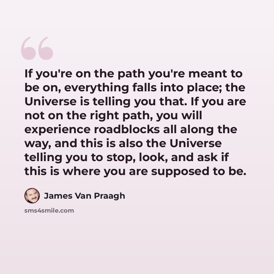 “If you're on the path you're meant to be on, everything falls into place; the Universe is telling you that. If you are not on the right path, you will experience roadblocks all along the way, and this is also the Universe telling you to stop, look, and ask if this is where you are supposed to be.” quote by James Van Praagh
