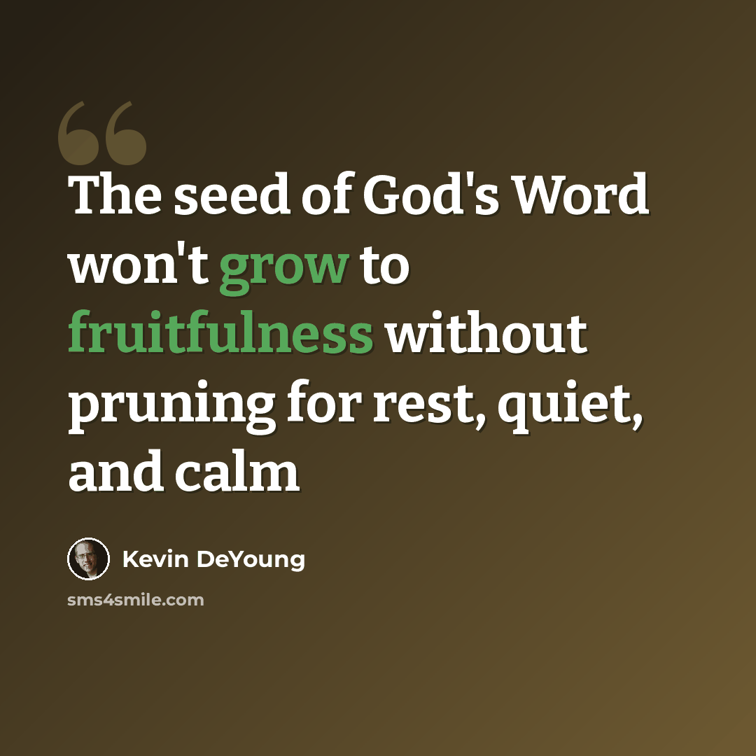 “The seed of God's Word won't grow to fruitfulness without pruning for rest, quiet, and calm” quote by Kevin DeYoung