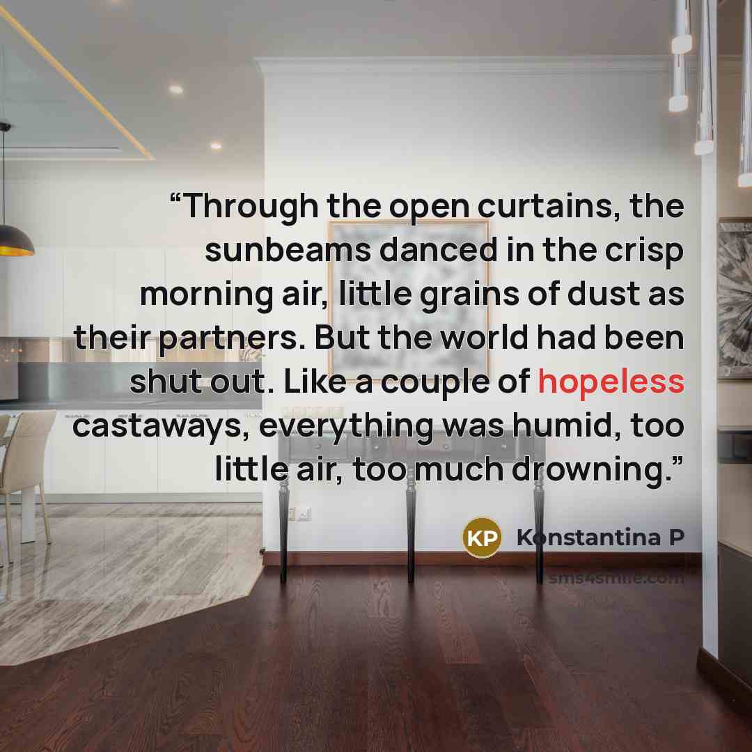 “Through the open curtains, the sunbeams danced in the crisp morning air, little grains of dust as their partners. But the world had been shut out. Like a couple of hopeless castaways, everything was humid, too little air, too much drowning.” quote by Konstantina P