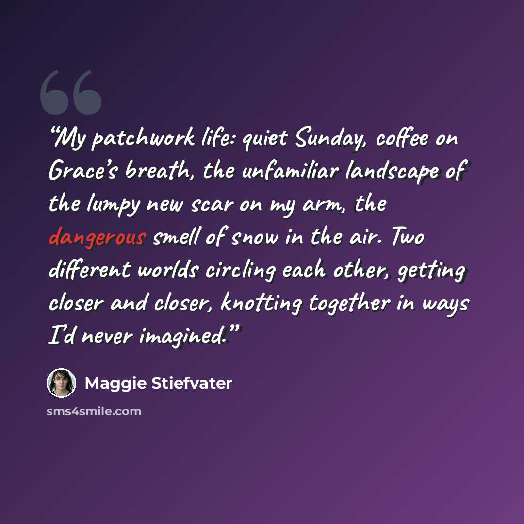 “My patchwork life: quiet Sunday, coffee on Grace’s breath, the unfamiliar landscape of the lumpy new scar on my arm, the dangerous smell of snow in the air. Two different worlds circling each other, getting closer and closer, knotting together in ways I’d never imagined.” quote by Maggie Stiefvater