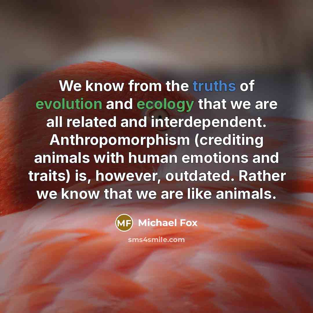 “We know from the truths of evolution and ecology that we are all related and interdependent. Anthropomorphism (crediting animals with human emotions and traits) is, however, outdated. Rather we know that we are like animals.” quote by Michael Fox