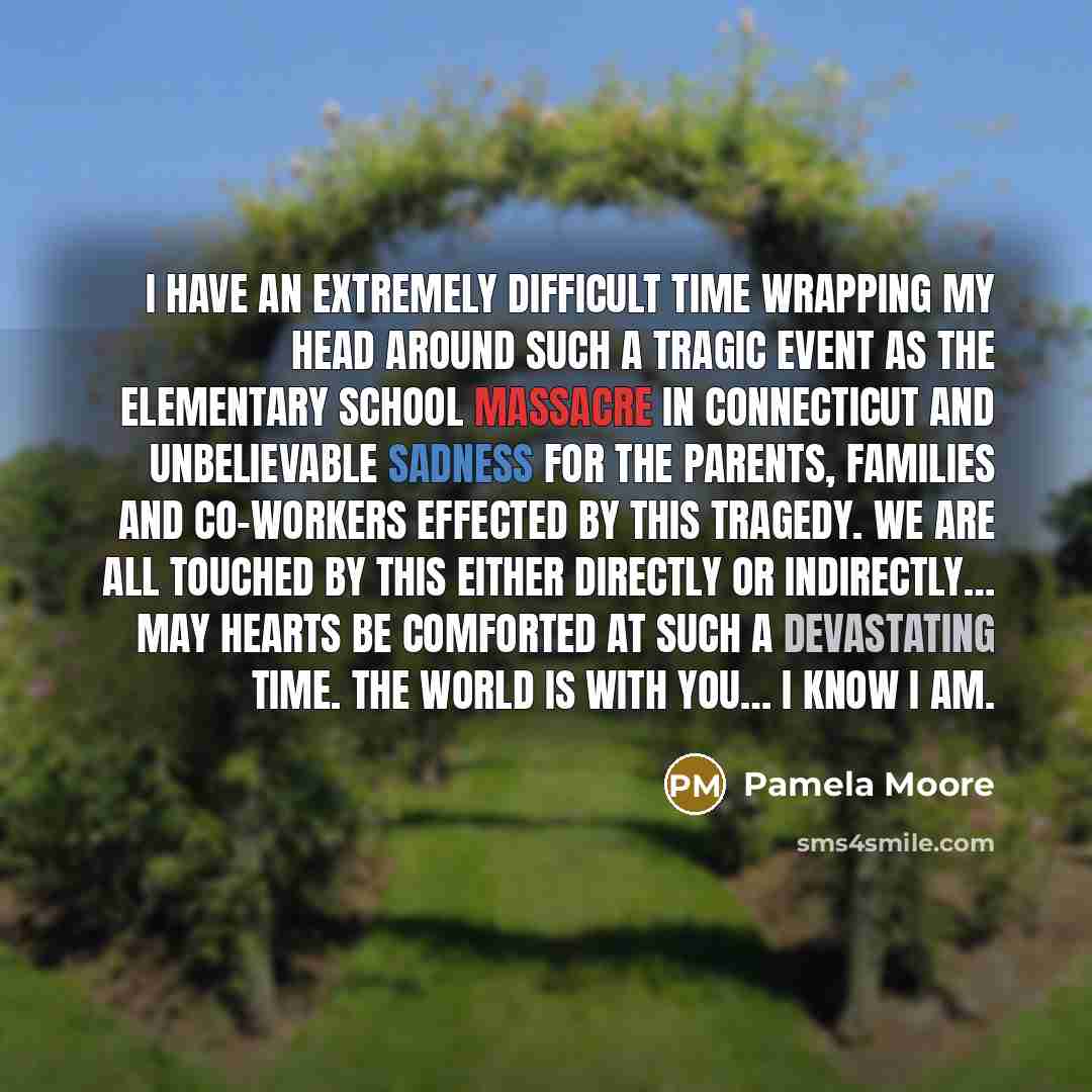 “I have an extremely difficult time wrapping my head around such a tragic event as the Elementary school massacre in Connecticut and unbelievable sadness for the parents, families and co-workers effected by this tragedy. We are ALL touched by this either directly or indirectly… May hearts be…” quote by Pamela Moore