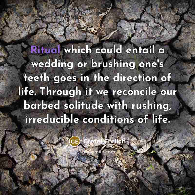 “Ritual which could entail a wedding or brushing one's teeth goes in the direction of life. Through it we reconcile our barbed solitude with rushing, irreducible conditions of life.” quote by Gretel Ehrlich