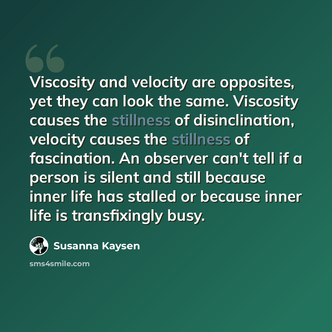 “Viscosity and velocity are opposites, yet they can look the same. Viscosity causes the stillness of disinclination, velocity causes the stillness of fascination. An observer can't tell if a person is silent and still because inner life has stalled or because inner life is transfixingly busy.” quote by Susanna Kaysen