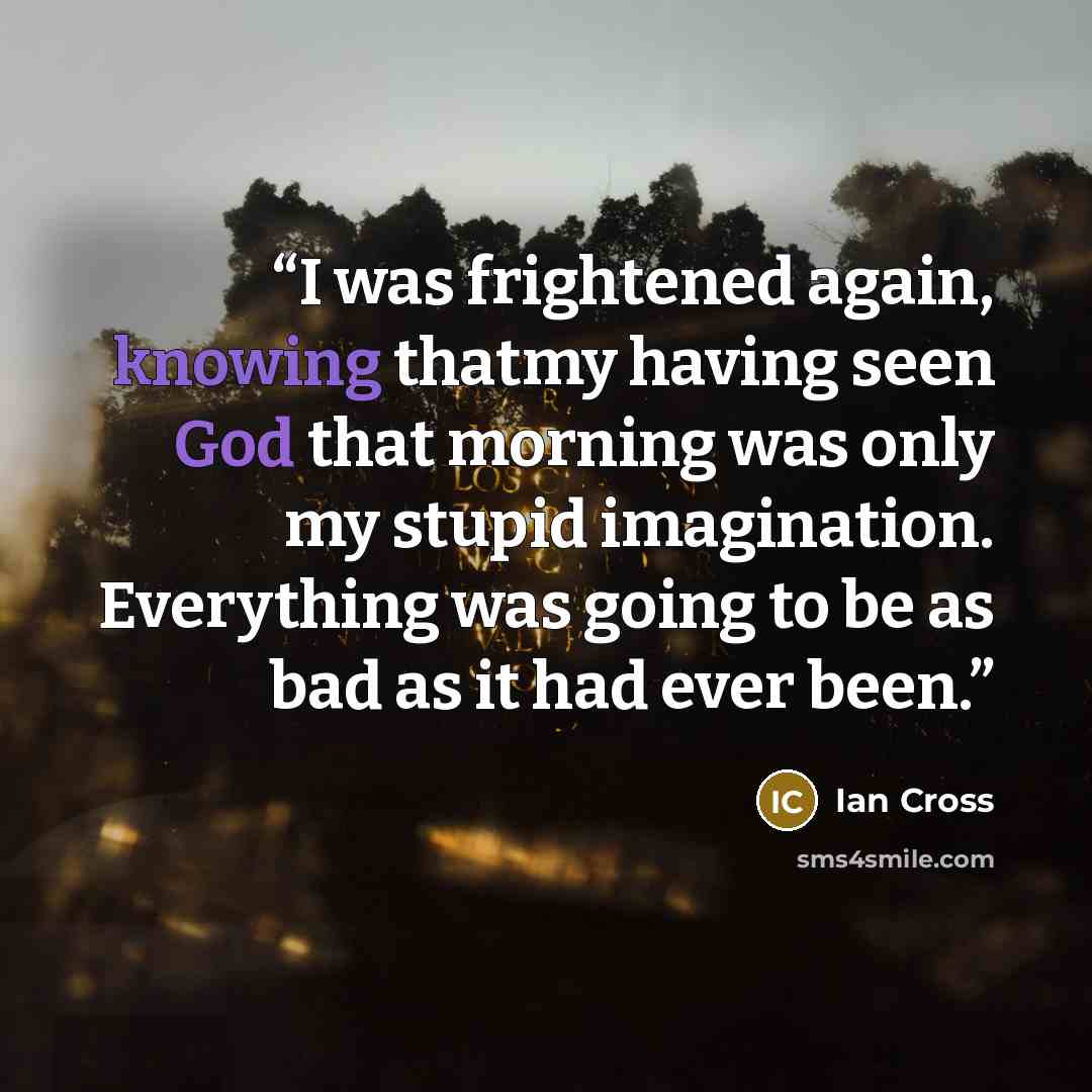 “I was frightened again, knowing thatmy having seen God that morning was only my stupid imagination. Everything was going to be as bad as it had ever been.” quote by Ian Cross