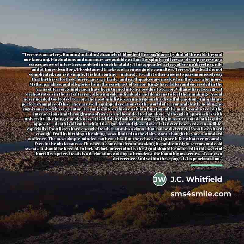 “Terror is an artery. Running unfailing channels of bloodied thoroughfares by dint of the wilds beyond our knowing. Fluctuations and murmurs are audible within the splintered leeway of our preserve as a consequence of interstices modeled in such brutality. This appended artery offers no direction…” quote by J.C. Whitfield