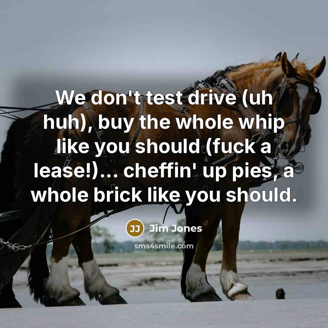 “We don't test drive (uh huh), buy the whole whip like you should (fuck a lease!)... cheffin' up pies, a whole brick like you should.” quote by Jim Jones