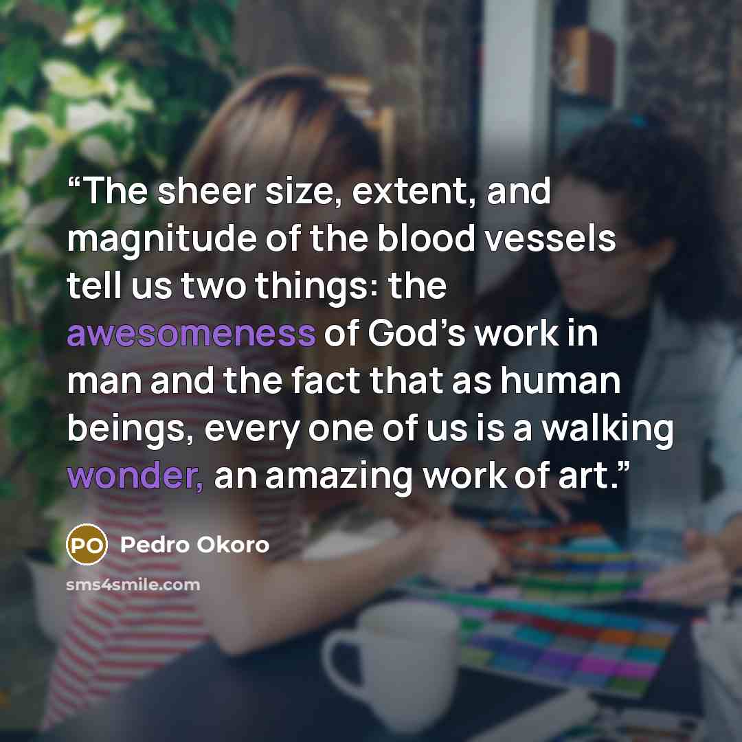 “The sheer size, extent, and magnitude of the blood vessels tell us two things: the awesomeness of God’s work in man and the fact that as human beings, every one of us is a walking wonder, an amazing work of art.” quote by Pedro Okoro