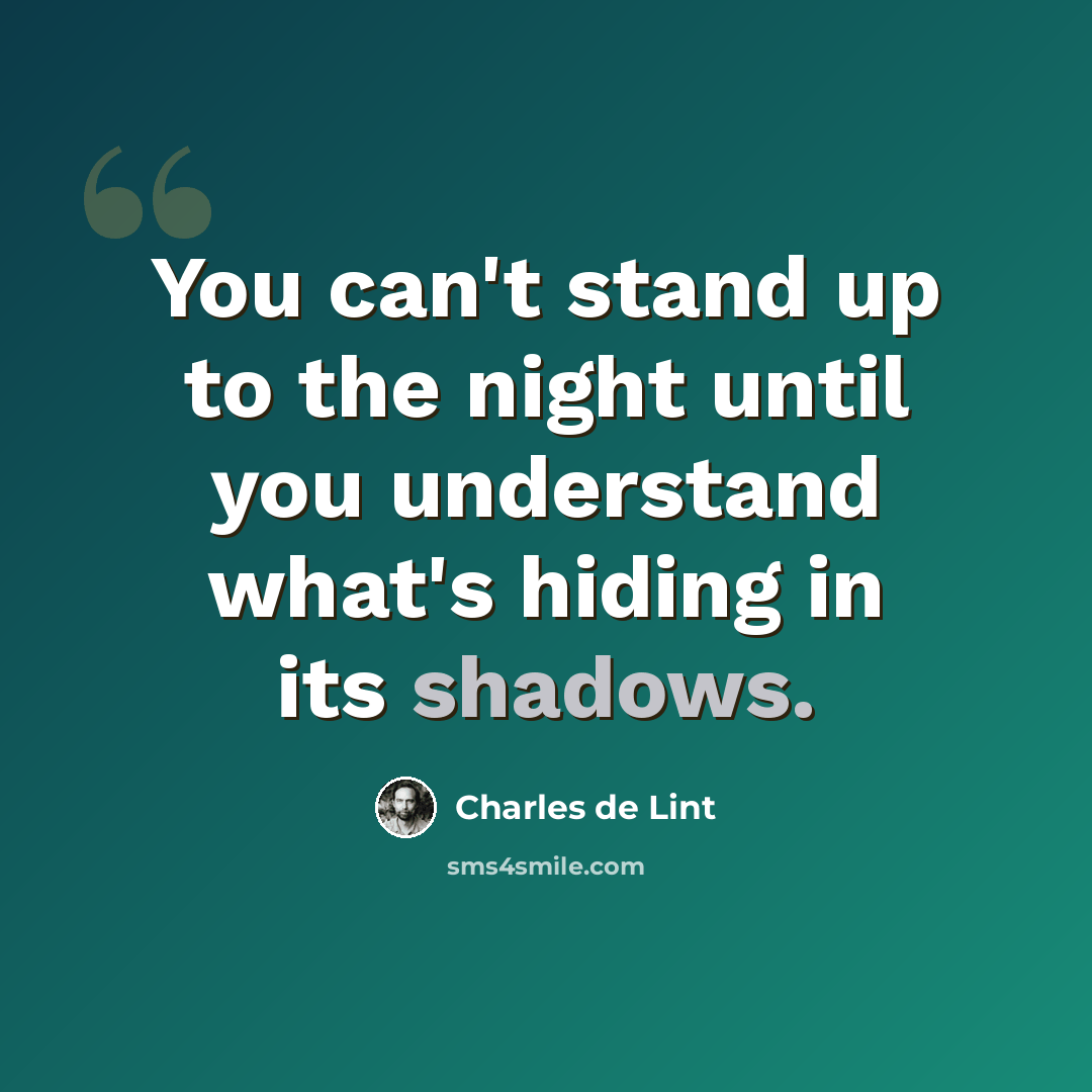 “You can't stand up to the night until you understand what's hiding in its shadows.” quote by Charles de Lint