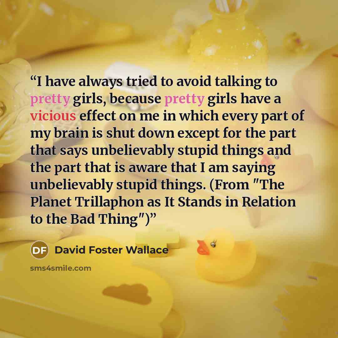 “I have always tried to avoid talking to pretty girls, because pretty girls have a vicious effect on me in which every part of my brain is shut down except for the part that says unbelievably stupid things and the part that is aware that I am saying unbelievably stupid things. (From "The Planet…” quote by David Foster Wallace