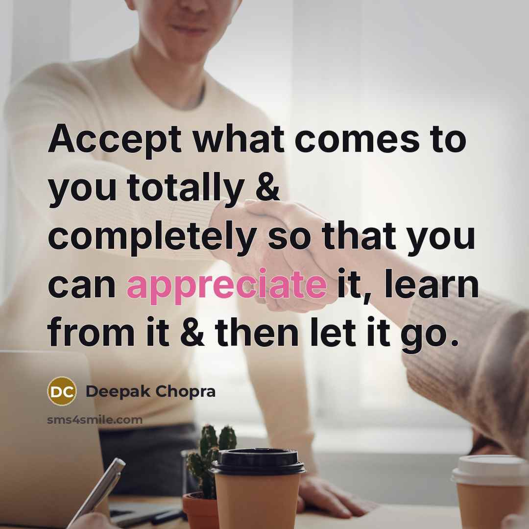 “Accept what comes to you totally & completely so that you can appreciate it, learn from it & then let it go.” quote by Deepak Chopra
