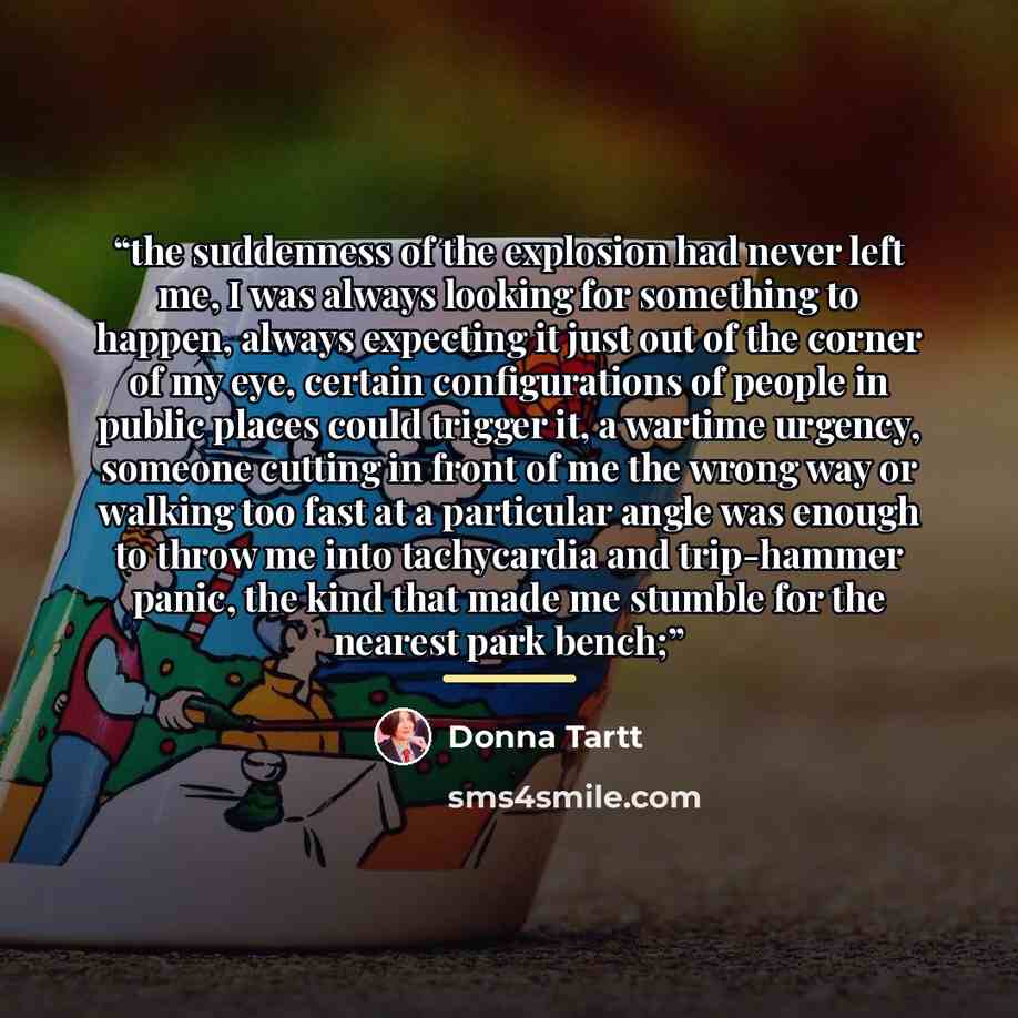 “the suddenness of the explosion had never left me, I was always looking for something to happen, always expecting it just out of the corner of my eye, certain configurations of people in public places could trigger it, a wartime urgency, someone cutting in front of me the wrong way or walking too…” quote by Donna Tartt