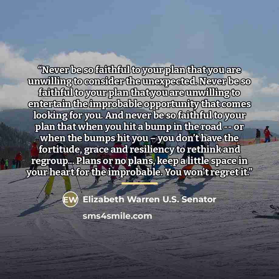 “Never be so faithful to your plan that you are unwilling to consider the unexpected. Never be so faithful to your plan that you are unwilling to entertain the improbable opportunity that comes looking for you. And never be so faithful to your plan that when you hit a bump in the road -- or when…” quote by Elizabeth Warren U.S. Senator