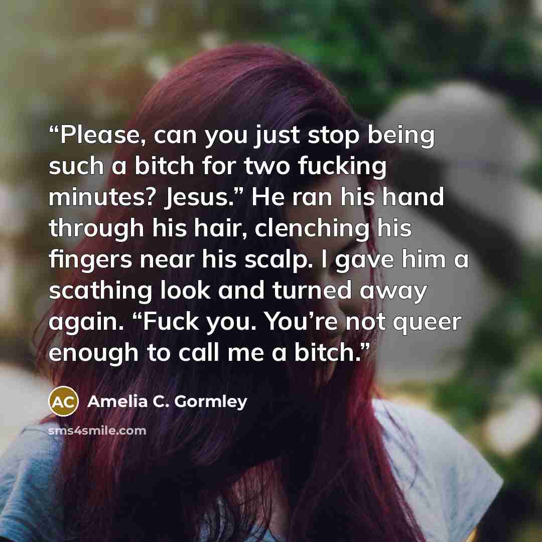 “Please, can you just stop being such a bitch for two fucking minutes? Jesus.” He ran his hand through his hair, clenching his fingers near his scalp. I gave him a scathing look and turned away again. “Fuck you. You’re not queer enough to call me a bitch.” quote by Amelia C. Gormley