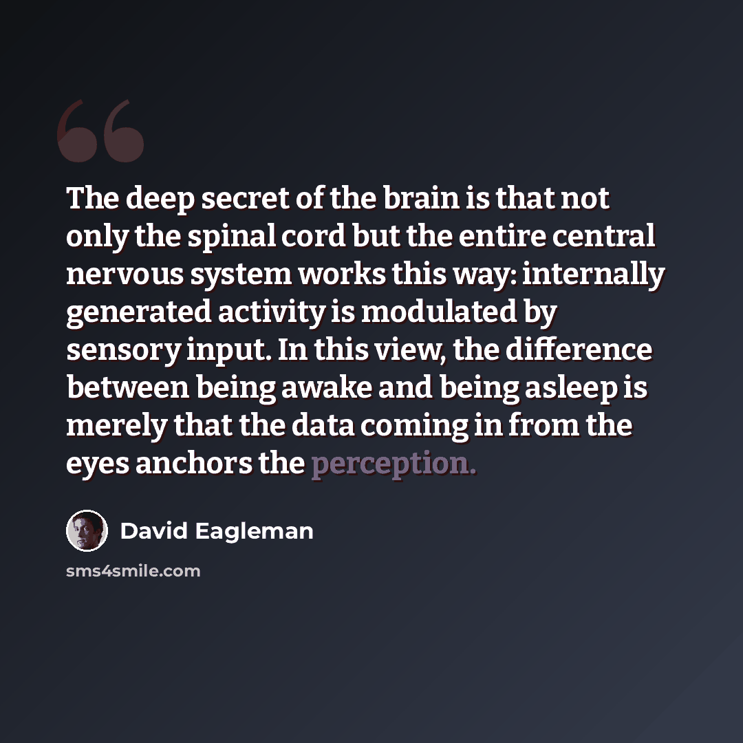 “The deep secret of the brain is that not only the spinal cord but the entire central nervous system works this way: internally generated activity is modulated by sensory input. In this view, the difference between being awake and being asleep is merely that the data coming in from the eyes anchors…” quote by David Eagleman
