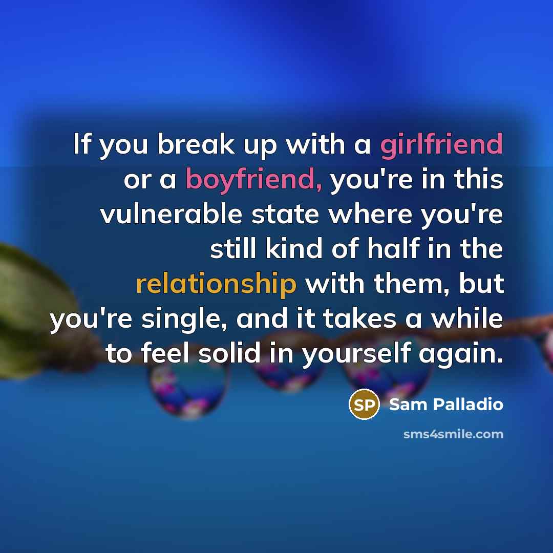 “If you break up with a girlfriend or a boyfriend, you're in this vulnerable state where you're still kind of half in the relationship with them, but you're single, and it takes a while to feel solid in yourself again.” quote by Sam Palladio