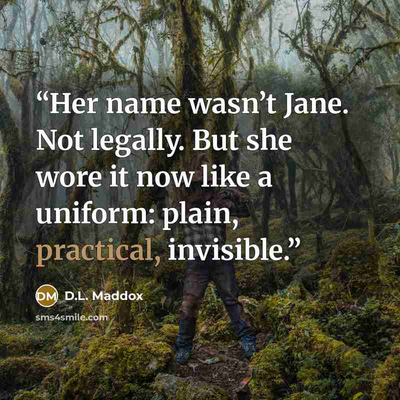“Her name wasn’t Jane. Not legally. But she wore it now like a uniform: plain, practical, invisible.” quote by D.L. Maddox
