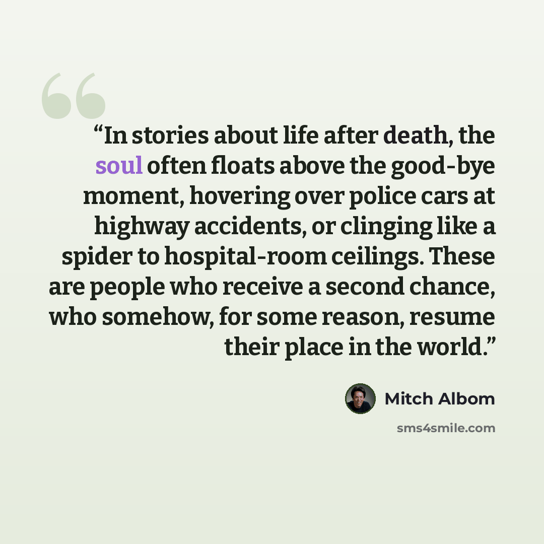 “In stories about life after death, the soul often floats above the good-bye moment, hovering over police cars at highway accidents, or clinging like a spider to hospital-room ceilings. These are people who receive a second chance, who somehow, for some reason, resume their place in the world.” quote by Mitch Albom