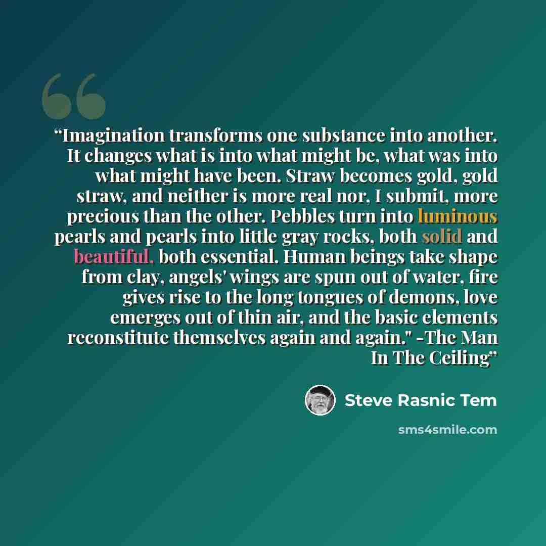 “Imagination transforms one substance into another. It changes what is into what might be, what was into what might have been. Straw becomes gold, gold straw, and neither is more real nor, I submit, more precious than the other. Pebbles turn into luminous pearls and pearls into little gray rocks…” quote by Steve Rasnic Tem