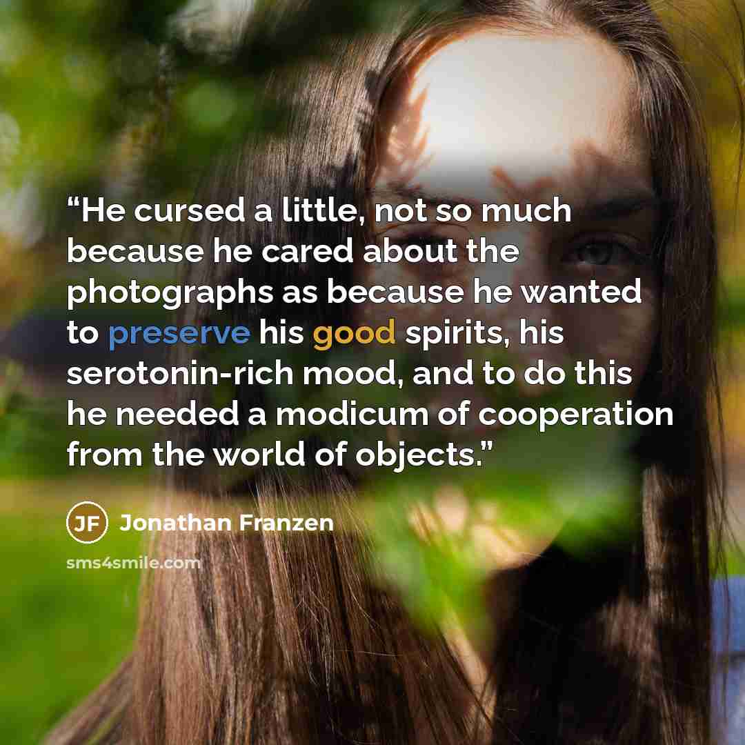 “He cursed a little, not so much because he cared about the photographs as because he wanted to preserve his good spirits, his serotonin-rich mood, and to do this he needed a modicum of cooperation from the world of objects.” quote by Jonathan Franzen
