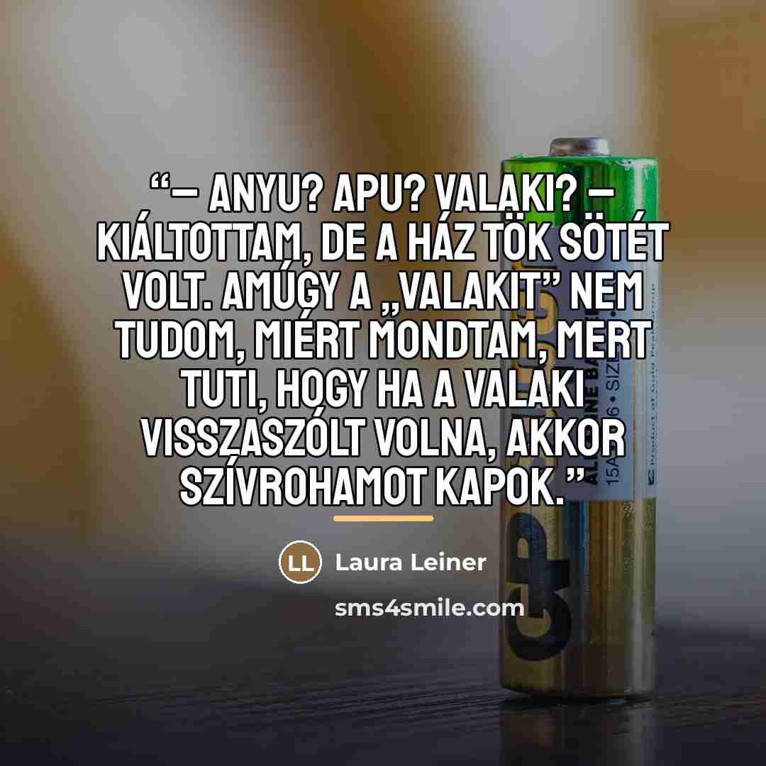 “– Anyu? Apu? Valaki? – kiáltottam, de a ház tök sötét volt. Amúgy a „valakit” nem tudom, miért mondtam, mert tuti, hogy ha a valaki visszaszólt volna, akkor szívrohamot kapok.” quote by Laura Leiner