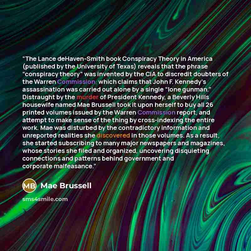 “The Lance deHaven-Smith book Conspiracy Theory in America (published by the University of Texas) reveals that the phrase “conspiracy theory” was invented by the CIA to discredit doubters of the Warren Commission, which claims that John F. Kennedy’s assassination was carried out alone by a single…” quote by Mae Brussell