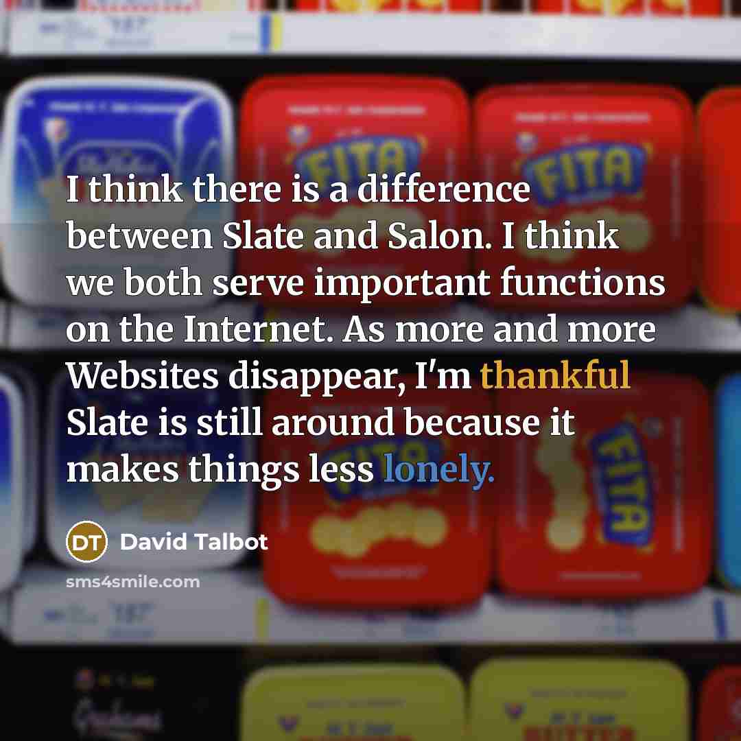 “I think there is a difference between Slate and Salon. I think we both serve important functions on the Internet. As more and more Websites disappear, I'm thankful Slate is still around because it makes things less lonely.” quote by David Talbot