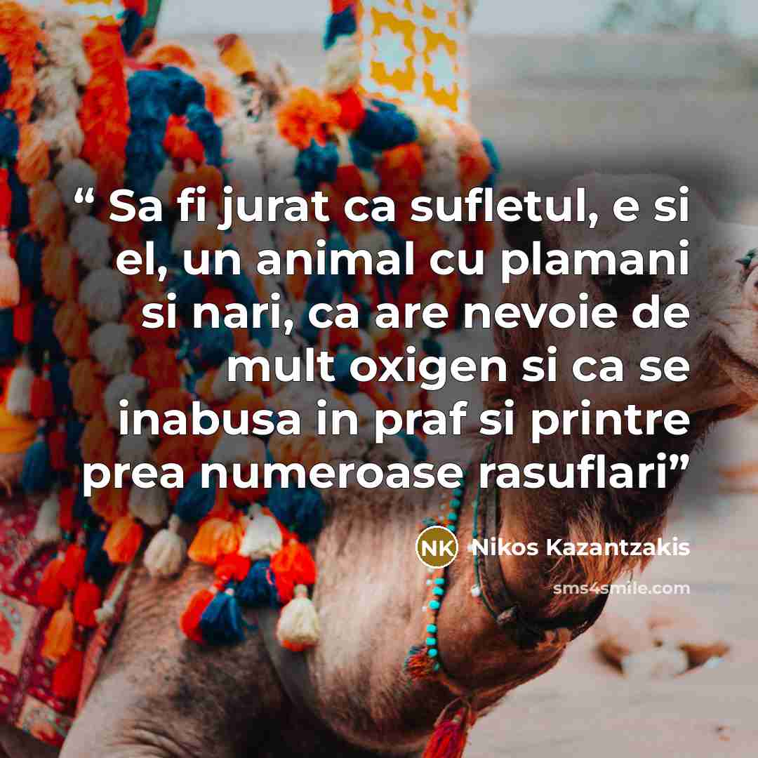 “Sa fi jurat ca sufletul, e si el, un animal cu plamani si nari, ca are nevoie de mult oxigen si ca se inabusa in praf si printre prea numeroase rasuflari” quote by Nikos Kazantzakis