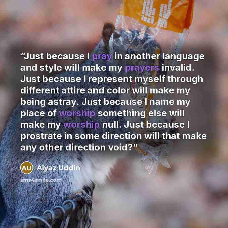 “Just because I pray in another language and style will make my prayers invalid. Just because I represent myself through different attire and color will make my being astray. Just because I name my place of worship something else will make my worship null. Just because I prostrate in some direction…” quote by Aiyaz Uddin