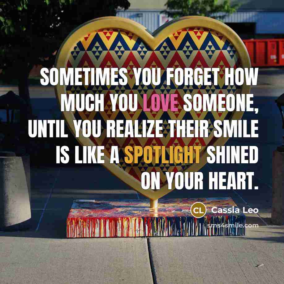 “Sometimes you forget how much you love someone, until you realize their smile is like a spotlight shined on your heart.” quote by Cassia Leo