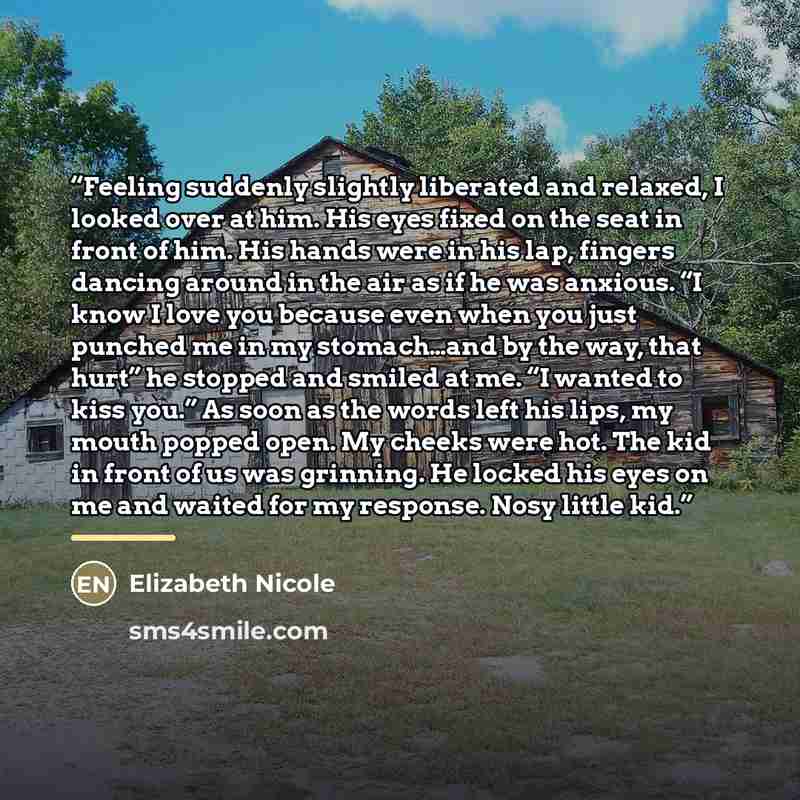 “Feeling suddenly slightly liberated and relaxed, I looked over at him. His eyes fixed on the seat in front of him. His hands were in his lap, fingers dancing around in the air as if he was anxious. “I know I love you because even when you just punched me in my stomach…and by the way, that hurt” he…” quote by Elizabeth Nicole