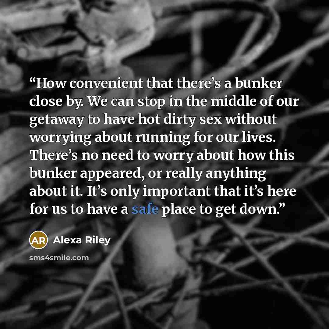 “How convenient that there’s a bunker close by. We can stop in the middle of our getaway to have hot dirty sex without worrying about running for our lives. There’s no need to worry about how this bunker appeared, or really anything about it. It’s only important that it’s here for us to have a safe…” quote by Alexa Riley