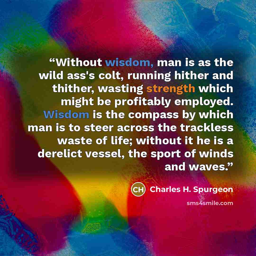 “Without wisdom, man is as the wild ass's colt, running hither and thither, wasting strength which might be profitably employed. Wisdom is the compass by which man is to steer across the trackless waste of life; without it he is a derelict vessel, the sport of winds and waves.” quote by Charles H. Spurgeon