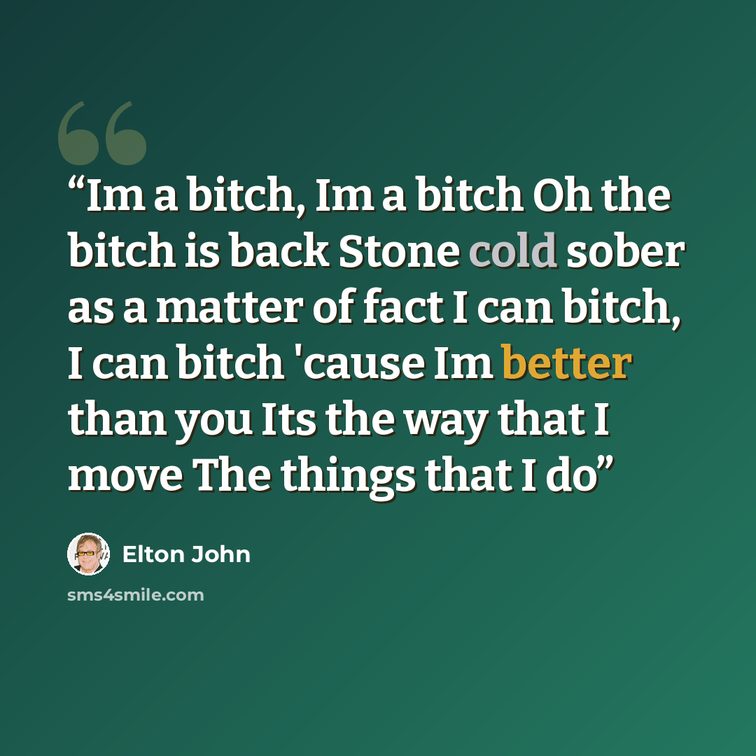 “Im a bitch, Im a bitch Oh the bitch is back Stone cold sober as a matter of fact I can bitch, I can bitch 'cause Im better than you Its the way that I move The things that I do” quote by Elton John