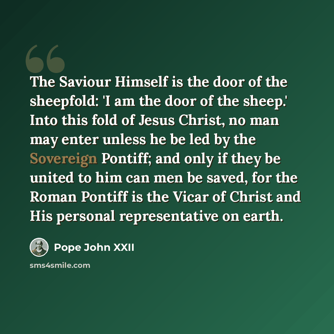 “The Saviour Himself is the door of the sheepfold: 'I am the door of the sheep.' Into this fold of Jesus Christ, no man may enter unless he be led by the Sovereign Pontiff; and only if they be united to him can men be saved, for the Roman Pontiff is the Vicar of Christ and His personal…” quote by Pope John XXII