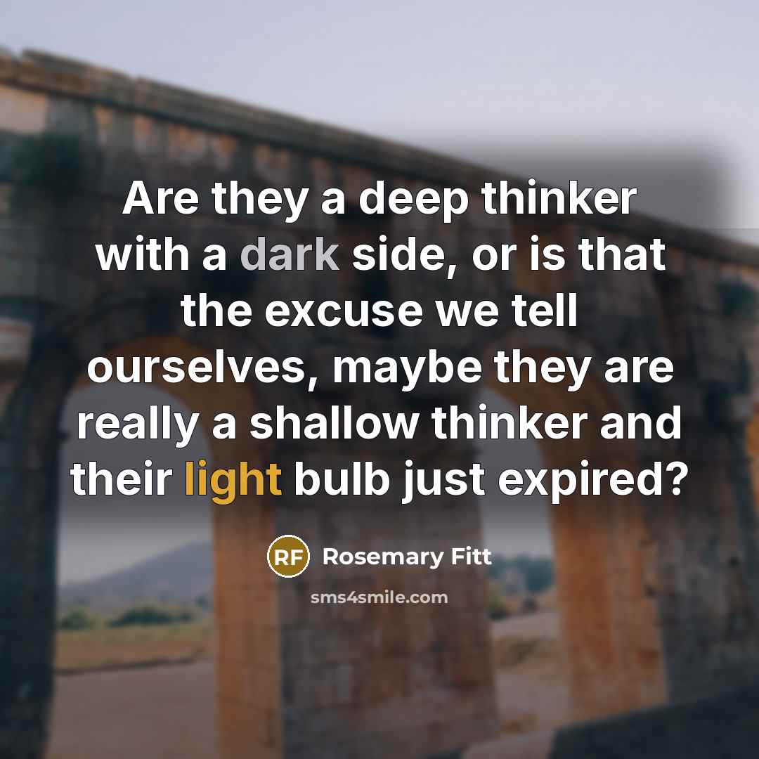“Are they a deep thinker with a dark side, or is that the excuse we tell ourselves, maybe they are really a shallow thinker and their light bulb just expired?” quote by Rosemary Fitt