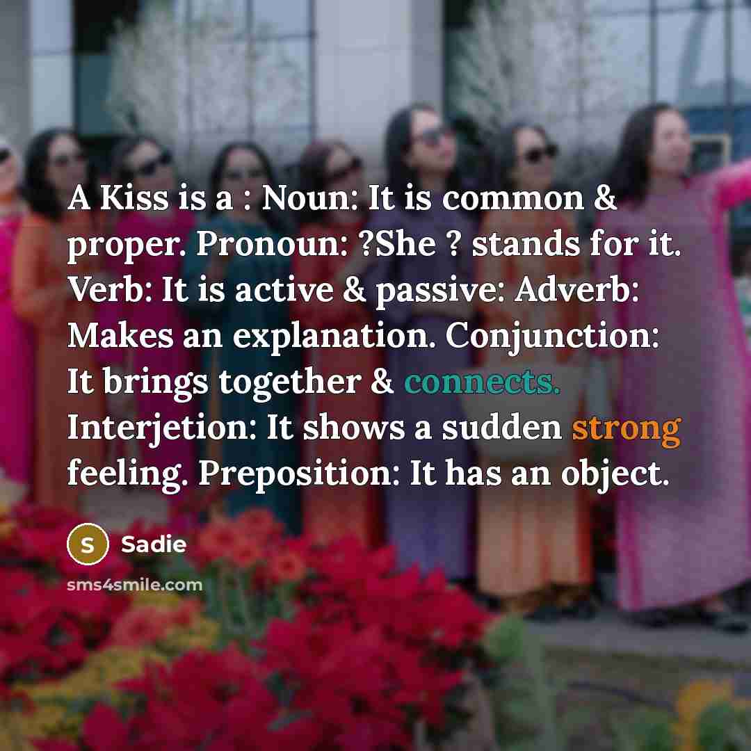 “A Kiss is a : Noun: It is common & proper. Pronoun: ?She ? stands for it. Verb: It is active & passive: Adverb: Makes an explanation. Conjunction: It brings together & connects. Interjetion: It shows a sudden strong feeling. Preposition: It has an object.” quote by Sadie