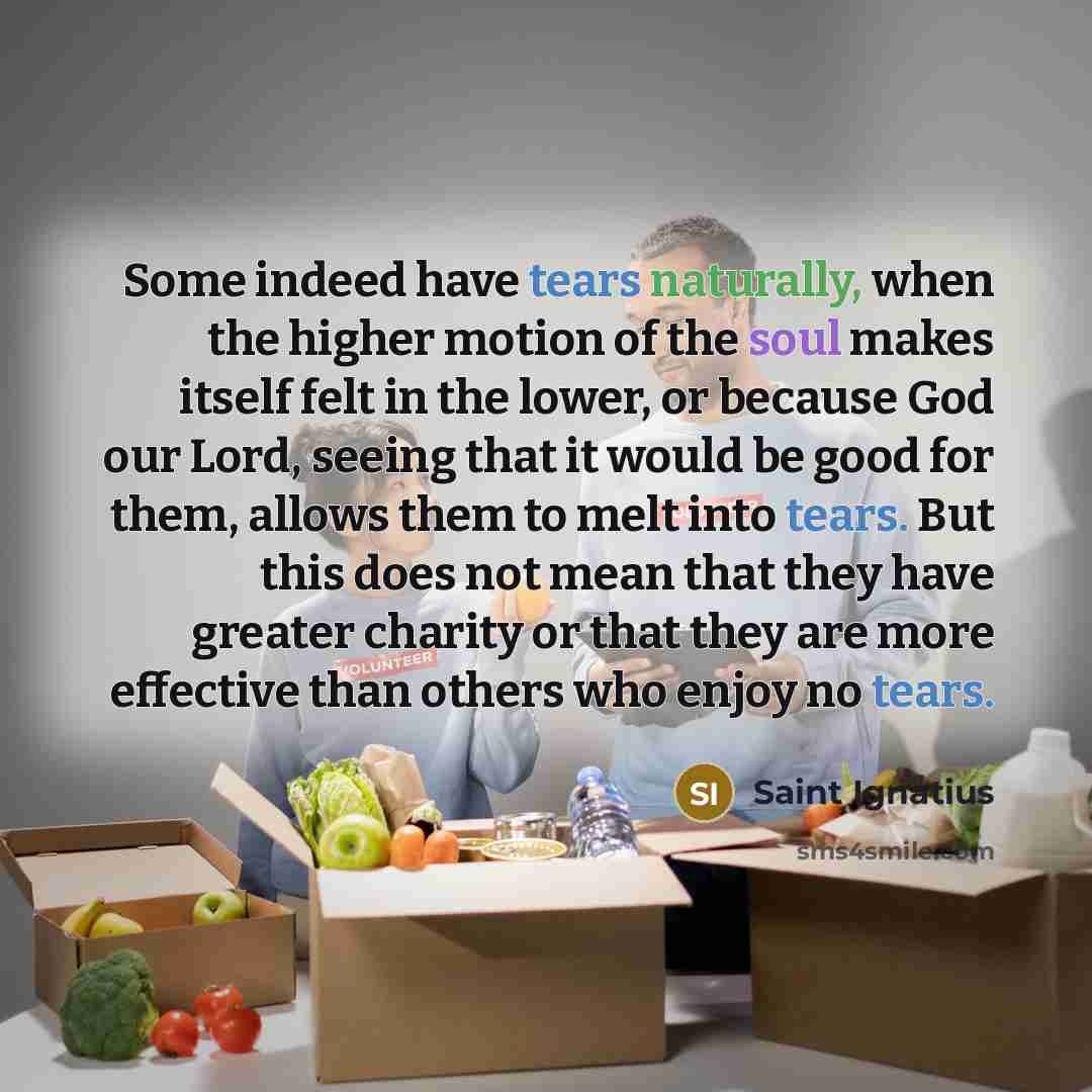 “Some indeed have tears naturally, when the higher motion of the soul makes itself felt in the lower, or because God our Lord, seeing that it would be good for them, allows them to melt into tears. But this does not mean that they have greater charity or that they are more effective than others who…” quote by Saint Ignatius