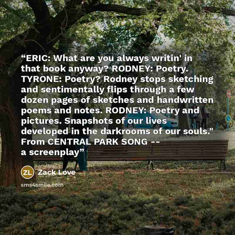 “ERIC: What are you always writin' in that book anyway? RODNEY: Poetry. TYRONE: Poetry? Rodney stops sketching and sentimentally flips through a few dozen pages of sketches and handwritten poems and notes. RODNEY: Poetry and pictures. Snapshots of our lives developed in the darkrooms of our souls."…” quote by Zack Love