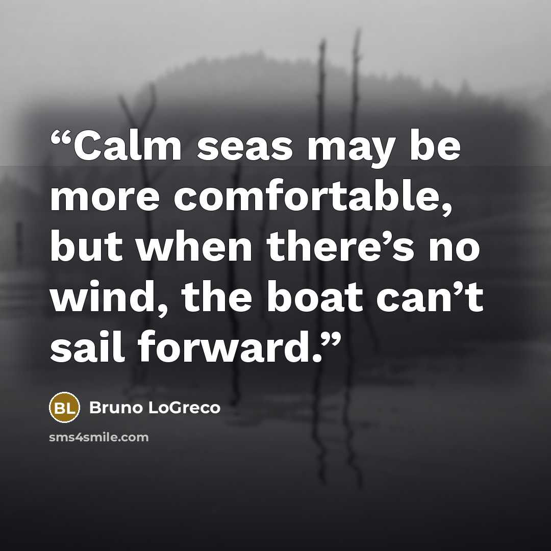 “Calm seas may be more comfortable, but when there’s no wind, the boat can’t sail forward.” quote by Bruno LoGreco