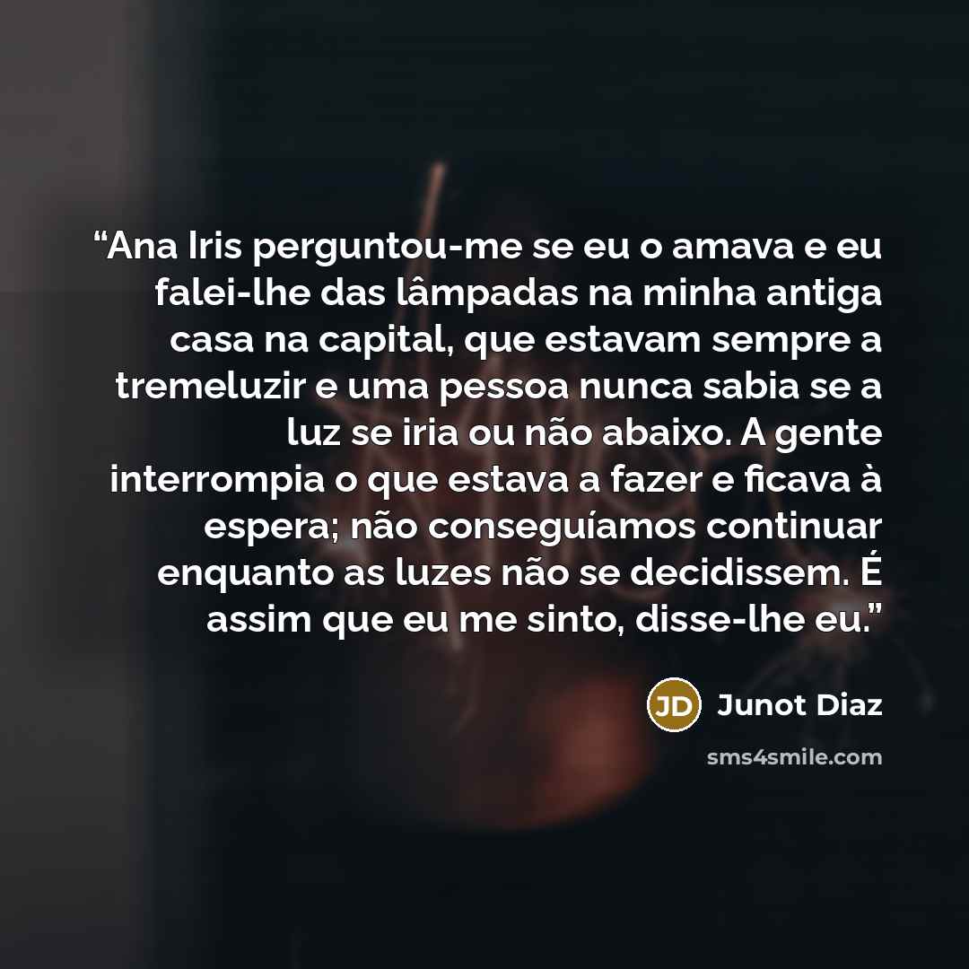 “Ana Iris perguntou-me se eu o amava e eu falei-lhe das lâmpadas na minha antiga casa na capital, que estavam sempre a tremeluzir e uma pessoa nunca sabia se a luz se iria ou não abaixo. A gente interrompia o que estava a fazer e ficava à espera; não conseguíamos continuar enquanto as luzes não se…” quote by Junot Díaz