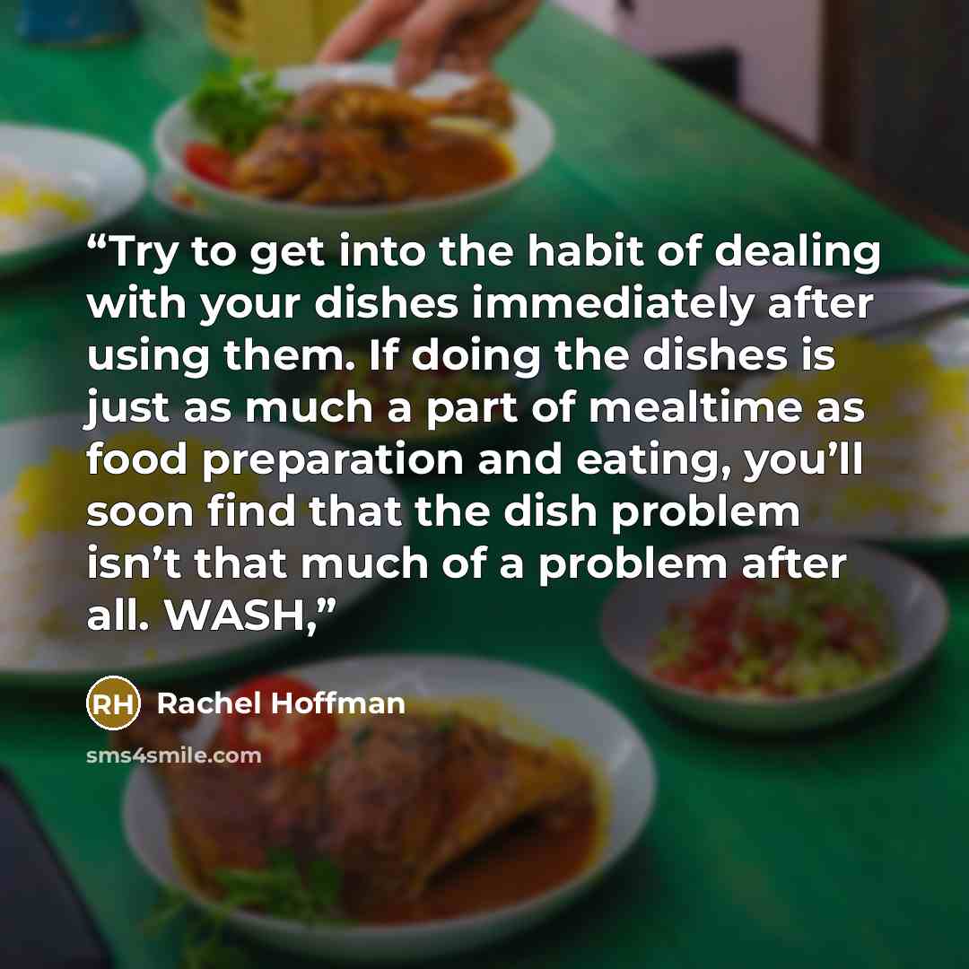 “Try to get into the habit of dealing with your dishes immediately after using them. If doing the dishes is just as much a part of mealtime as food preparation and eating, you’ll soon find that the dish problem isn’t that much of a problem after all. WASH,” quote by Rachel Hoffman