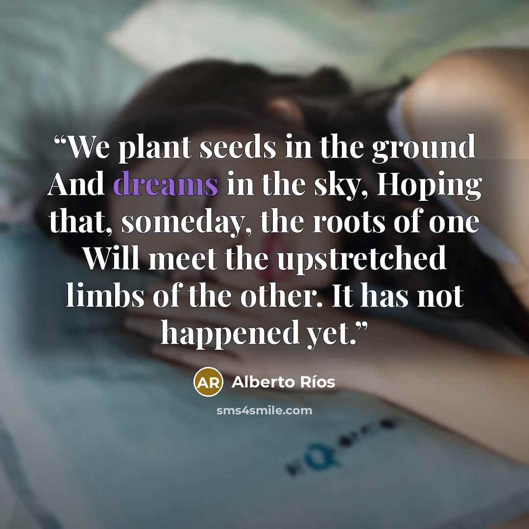 “We plant seeds in the ground And dreams in the sky, Hoping that, someday, the roots of one Will meet the upstretched limbs of the other. It has not happened yet.” quote by Alberto Ríos