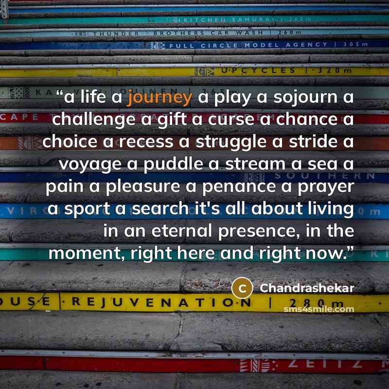 “a life a journey a play a sojourn a challenge a gift a curse a chance a choice a recess a struggle a stride a voyage a puddle a stream a sea a pain a pleasure a penance a prayer a sport a search it's all about living in an eternal presence, in the moment, right here and right now.” quote by Chandrashekar