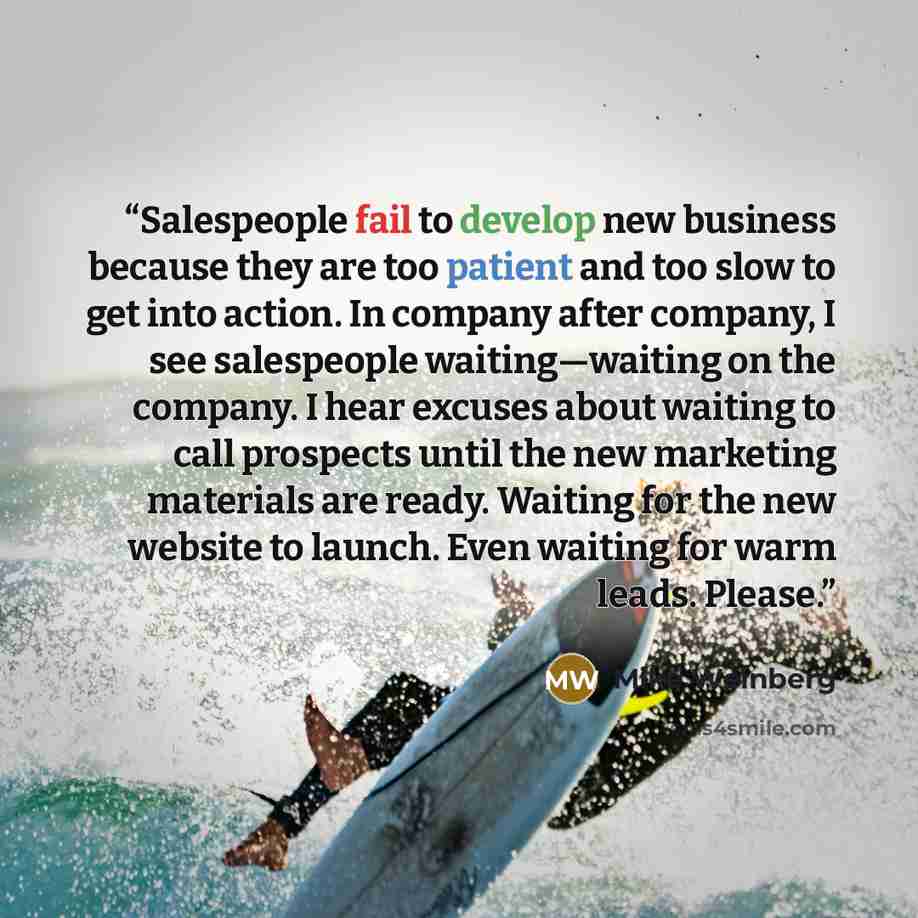 “Salespeople fail to develop new business because they are too patient and too slow to get into action. In company after company, I see salespeople waiting—waiting on the company. I hear excuses about waiting to call prospects until the new marketing materials are ready. Waiting for the new website…” quote by Mike Weinberg