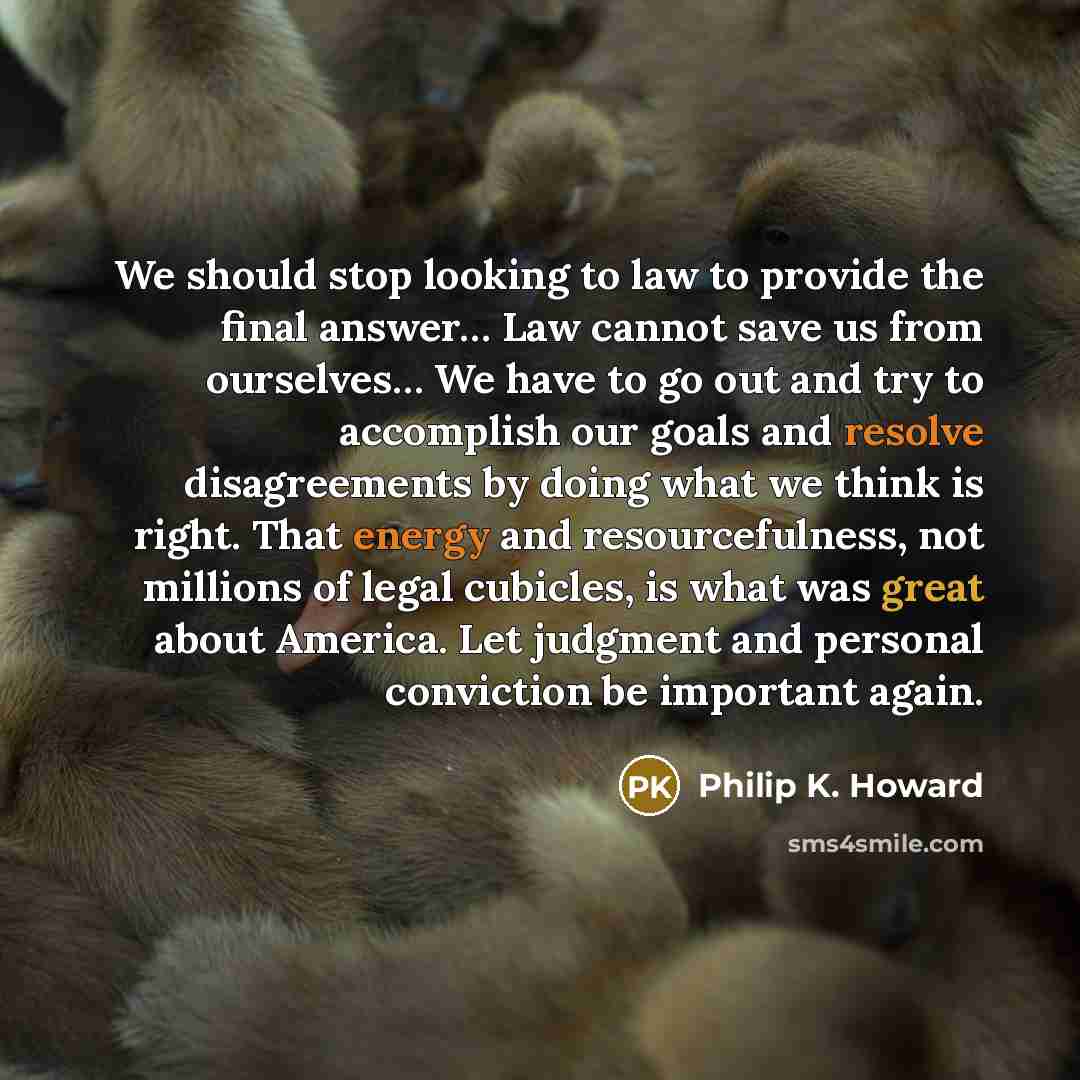 “We should stop looking to law to provide the final answer… Law cannot save us from ourselves… We have to go out and try to accomplish our goals and resolve disagreements by doing what we think is right. That energy and resourcefulness, not millions of legal cubicles, is what was great about…” quote by Philip K. Howard